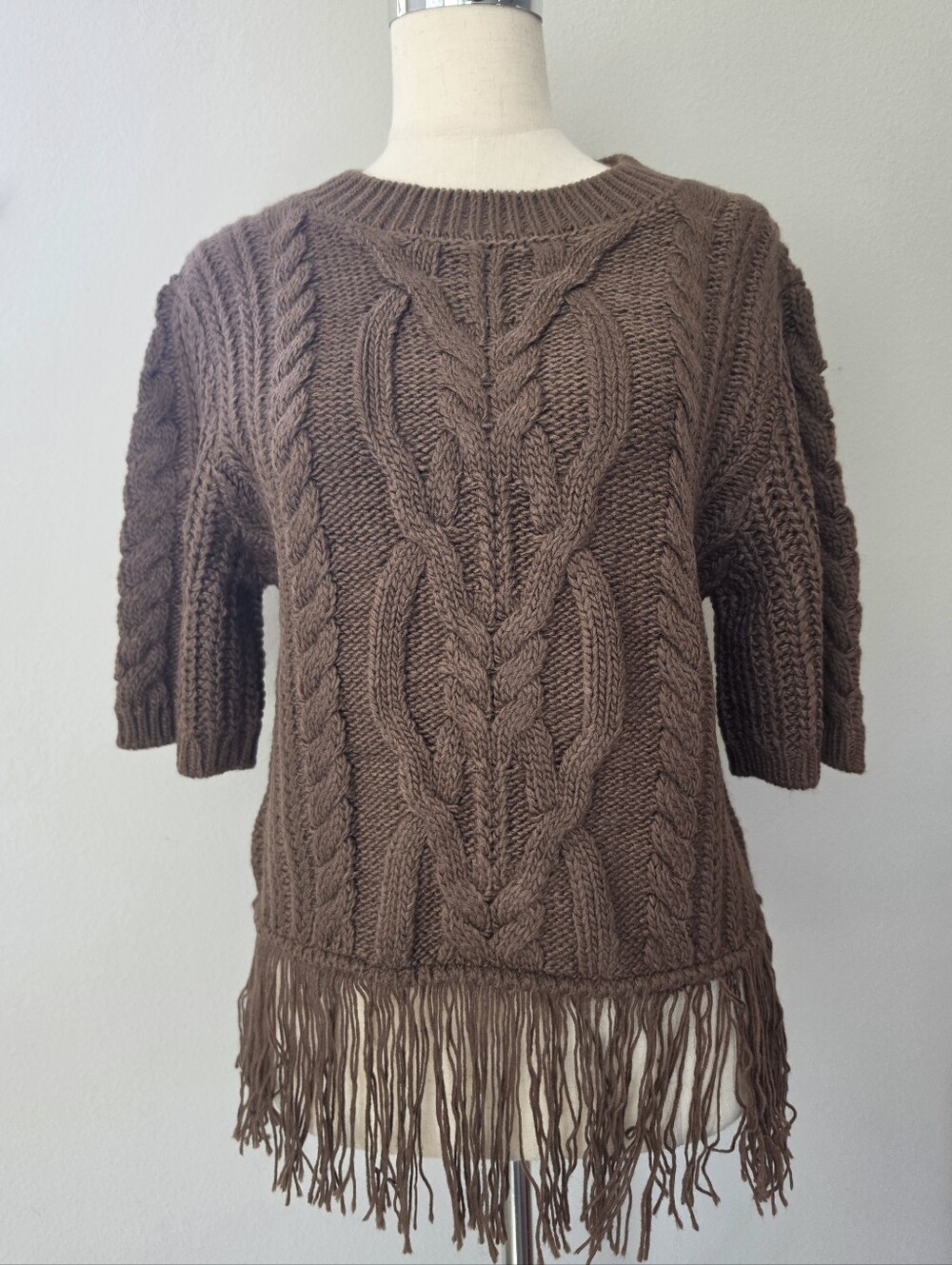 Cable Knit Fringe Hem Crew Neck Brown Sweater